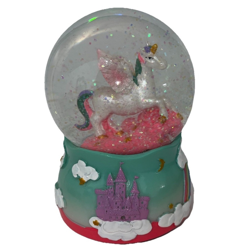 (..4N)Unicorn Rainbows on Teal Musical Figurine 100MM Water Globe Plays  Unicorn